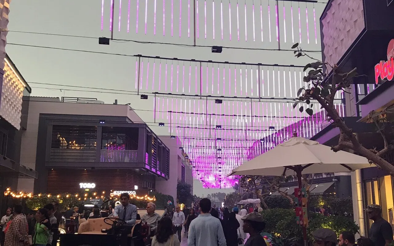 Pedestrian shopping street and outdoor dining at City Walk Dubai