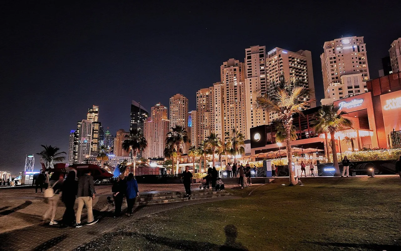 The Beach promenade and Jumeirah Beach Residence towers after dark