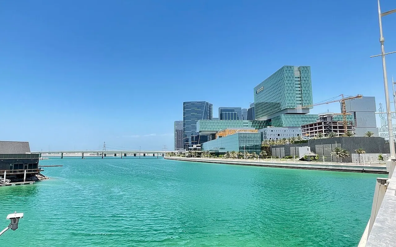 Turquoise water and the Cleveland Clinic waterfront on Al Maryah Island