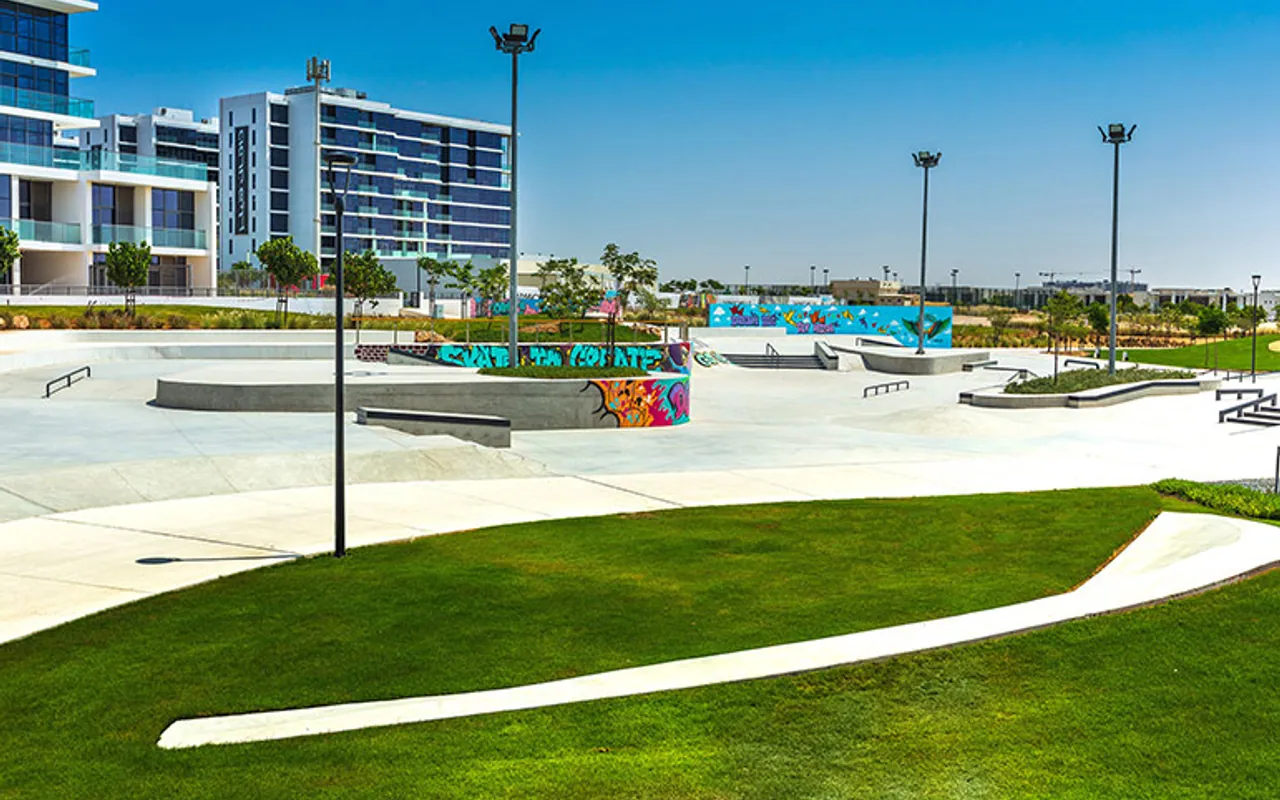 Outdoor skatepark and residential buildings at DAMAC Hills, Dubai