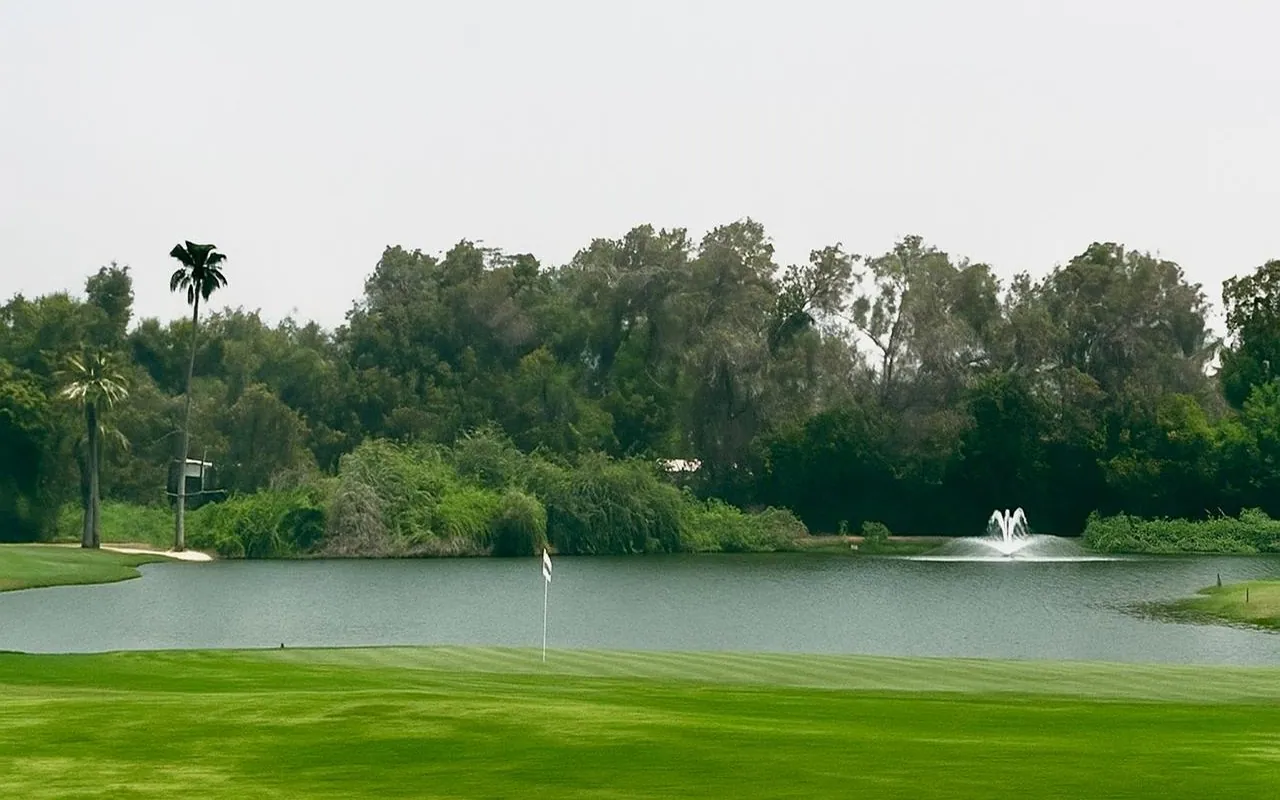 Landscaped golf-course lake and trees in Emirates Hills