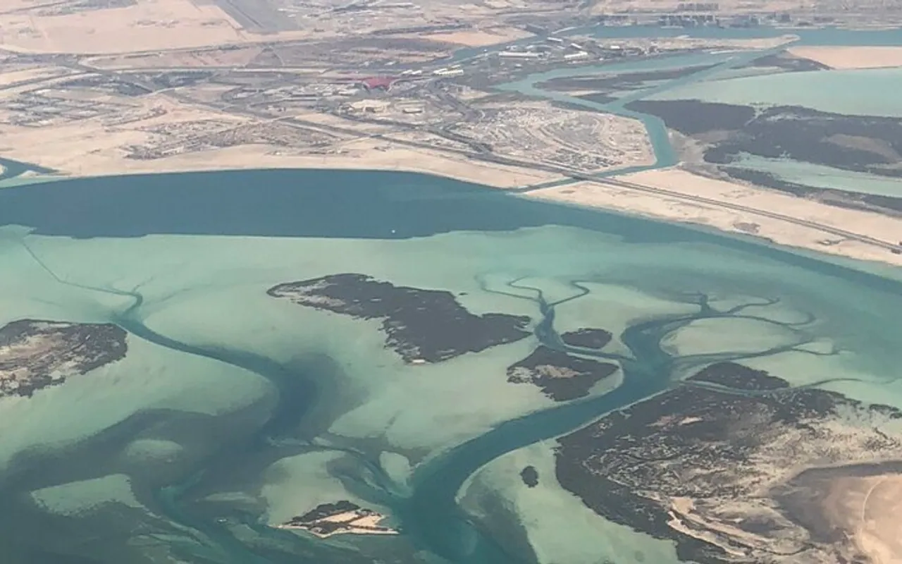 Aerial photograph of mangrove channels around southern Ramhan Island and neighboring islands