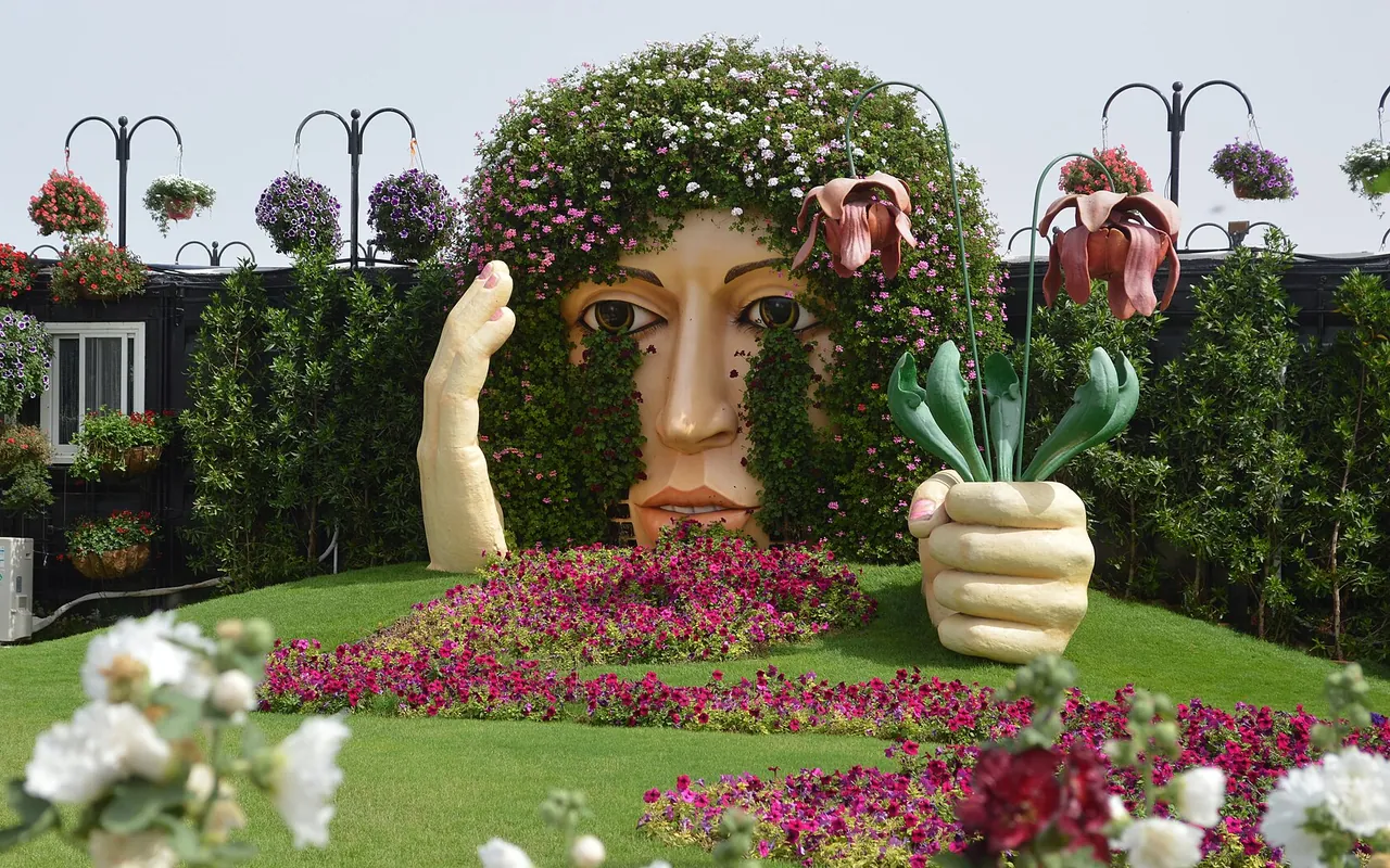 Floral sculpture and flower beds at Dubai Miracle Garden in Arjan